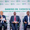 Mr Paul Muthaura (Centre), the Africa Carbon Markets Initiative chief executive officer, Mr Feisal Hussain (Left) from the Clean Cooking Alliance and Mr Franck Adjagba, the African Guarantee Fund Group director of business development, attending the Carbon Markets workshop