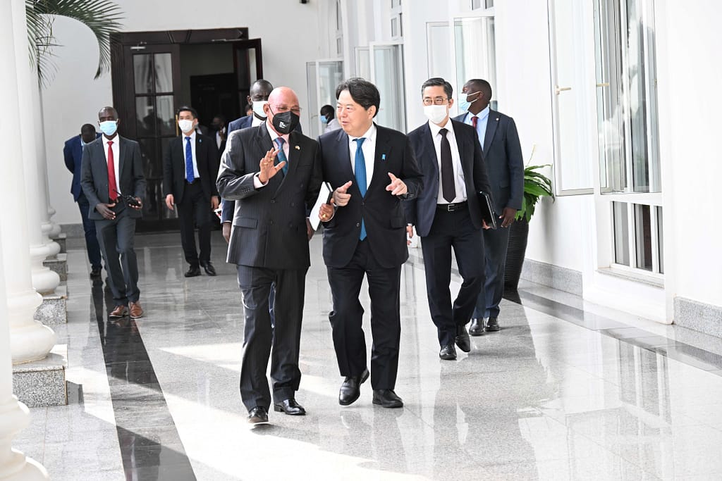 The Japanese Foreign Affairs Minister Yoshimasa Hayashi having a chat with the Ugandan Minister for Foreign Affairs Jeje Odongo during the Japanese Foreign Affairs Minister official visit to Uganda at the State House Entebbe on 2nd August 2023