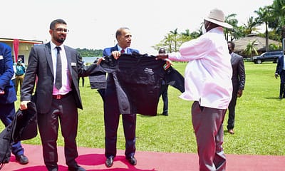 President Yoweri Museveni being shown the Army uniform for export made by Nyanza Textile Industries Limited (Nytil) during the Lohana International Business Forum at Speke Resort Munyonyo on 22nd March 2023.
