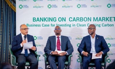 Mr Paul Muthaura (Centre), the Africa Carbon Markets Initiative chief executive officer, Mr Feisal Hussain (Left) from the Clean Cooking Alliance and Mr Franck Adjagba, the African Guarantee Fund Group director of business development, attending the Carbon Markets workshop