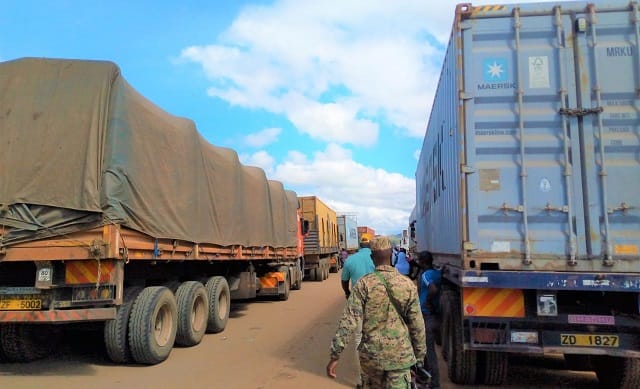 Some of the trucks at the Uganda - S. Sudan border.
